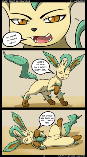 2014 absurd_res brown_eyes comic dialogue dirty_talk eeveelution english_text fan_character female feral fur generation_4_pokemon genitals hi_res kuroodod leaf leafeon lying on_back open_mouth pokemon_(species) porn_dialogue profanity pupils pussy slit_pupils solo speech_bubble standing text video_games wrath_(kuroodod) // 2500x4500 // 1.7MB