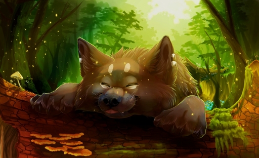 black_nose brown_body brown_fur canid canine canis day detailed_background digital_media_(artwork) domestic_dog eyes_closed feral forest fur male mammal moss nature outside paws plant shaded smile solo tree ulitochka // 1280x781 // 176.7KB