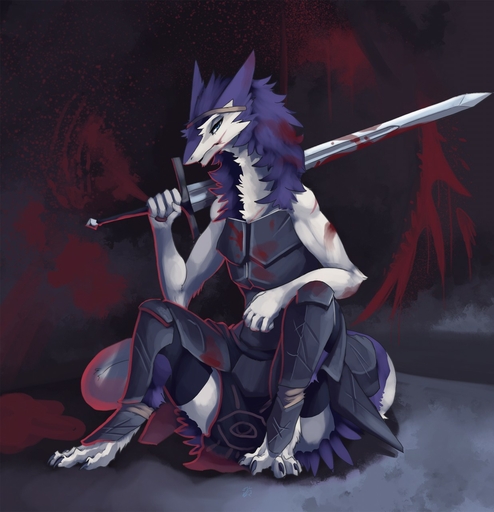 2015 anthro armor biped blood blue_eyes bodily_fluids clothed clothing digitigrade eye_patch eyewear female hi_res looking_at_viewer mammal melee_weapon sergal sitting solo sword weapon zerolativity // 1236x1280 // 199.0KB