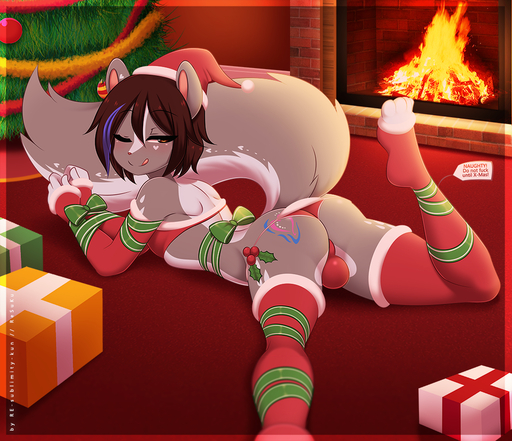 anthro balls balls_outline bdsm biped blue_highlights bondage bound bow_(disambiguation) brown_hair butt christmas christmas_clothing christmas_headwear christmas_tree clothed clothing crossdressing digital_media_(artwork) elias_larranaga_(pluvioskunk) english_text fireplace fluffy fluffy_tail fur genital_outline genitals gift gift_tag gift_wrapped girly grey_body grey_fur hair hands_tied hat headgear headwear heart_marking highlights_(coloring) holidays holly_(plant) legwear licking licking_lips light_bondage looking_at_viewer looking_back lying makeup male mammal mascara mephitid on_front one_eye_closed person_as_gift person_present plant presenting presenting_hindquarters re-sublimity-kun red_clothing santa_hat seductive self_lick shaded skunk slave solo stockings tag text tongue tongue_out tree white_body white_fur wink // 1045x900 // 1023.2KB