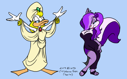 16:10 2013 anatid anseriform anthro avian big_breasts bird breasts cleavage clothed clothing dress duck duo eric_schwartz female fifi_la_fume mammal mephitid shirley_the_loon skunk tiny_toon_adventures warner_brothers // 1280x800 // 362.3KB