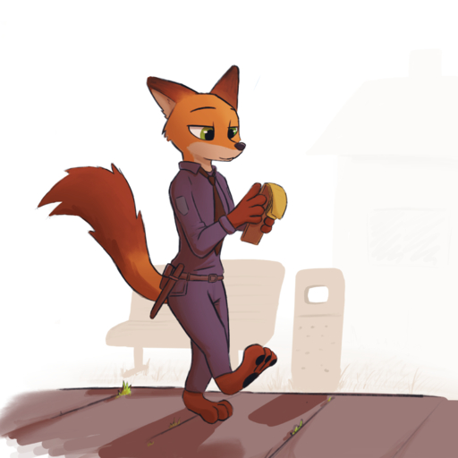 1:1 anthro barefoot belt biped black_nose bottomwear canid canine clothed clothing disney enginetrap feet fox fully_clothed fur green_eyes hi_res holding_object light lighting mammal necktie nick_wilde orange_body orange_fur pants pawpads police_uniform red_fox shadow shirt solo topwear uniform vulpes walking zootopia // 1800x1800 // 954KB