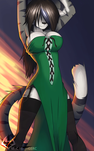 anthro black_body black_fur black_nose brown_hair felid female fur grey_body grey_fur hair macmegagerc mammal smile solo white_body white_fur // 724x1160 // 616KB