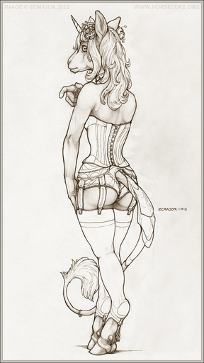 2012 anthro butt butt_pose choker clothed clothing corset ecmajor equid equine female garter_belt garter_straps hooves horn horse jewelry legwear lingerie mammal monochrome necklace panties pose sketch skimpy solo stockings topwear underwear unicorn // 573x1019 // 268KB