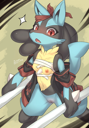 2022 absurd_res anthro areola bandage black_body blue_body blush bone breasts canid chest_wraps cleft_of_venus clothed clothing dated digital_media_(artwork) female genitals hi_res holding_object kemono looking_at_viewer lucario mammal navel nipples open_mouth pokemon_(species) pussy red_eyes shaded small_breasts solo standing video_games wraps zinfyu // 3120x4480 // 4.7MB