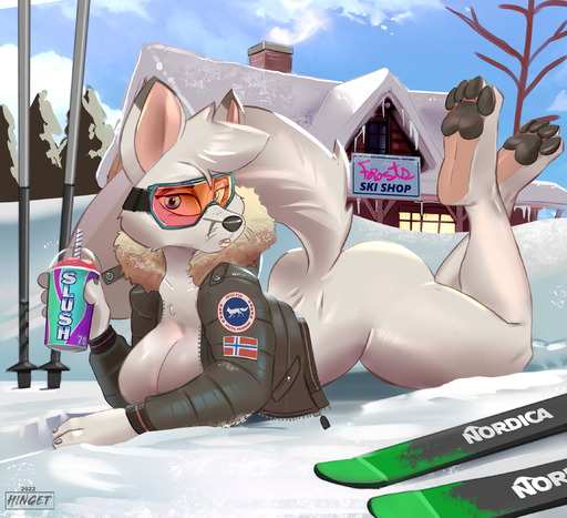 2022 4_toes anthro artist_name barefoot beverage bottomless bottomless_female breasts building butt canid canine casual_exposure clothed clothing container cup eyewear feet female fox fur goggles hi_res hinget jacket mammal plant slushie snow solo store straw toes topwear tree watermark white_body white_fur year // 2300x2100 // 1.3MB