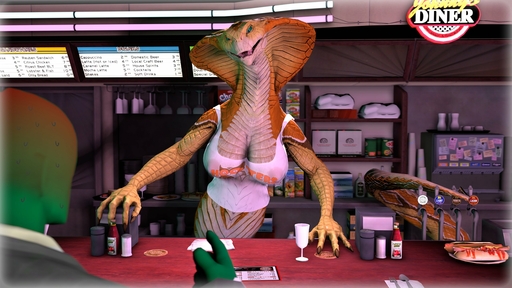 16:9 3d_(artwork) 4_fingers anon anthro apode belly_scales big_breasts blush bodily_fluids breasts claws cleavage clothed clothing counter digital_media_(artwork) diner draconcopode duo embarrassed english_text fast_food female fingers food green_body green_sclera hi_res hooters hot_dog human human_on_anthro interspecies jawsfm legless long_neck long_tail looking_at_another male malefemale mammal menu naga nipples non-mammal_breasts open_mouth orange_body orange_scales reptile scales scalie serpentine shirt snake snake_hood sweat sweatdrop tank_top text text_on_clothing text_on_shirt text_on_tank_top text_on_topwear topwear translucent translucent_clothing video_games viper_(x-com) widescreen x-com // 2560x1440 // 481.1KB