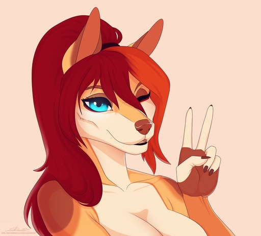 anthro blue_eyes breasts brown_body brown_fur canid canine catherinemeow claws female fox fur hair mammal multicolored_body multicolored_fur multicolored_hair one_eye_closed open_mouth open_smile orange_hair ponytail red_hair simple_background smile solo tongue two_tone_body two_tone_fur two_tone_hair white_body white_fur // 1280x1156 // 172.1KB