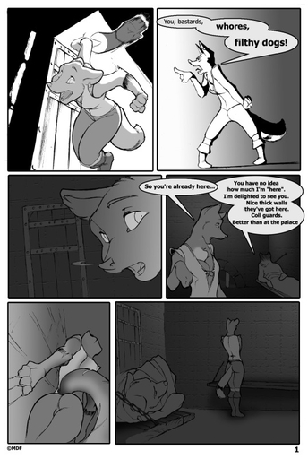 anthro border butt canid canine comic duo ear_piercing english_text female fox greyscale huska jailed love_can_be_different male mammal miles_df monochrome open_mouth piercing richard_(lcbd) speech_bubble text white_border // 537x800 // 102.2KB