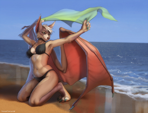 anthro beach bikini biped breasts canid canine chiropteran claws clothed clothing digitigrade female fur hair hybrid kneeling mammal membrane_(anatomy) membranous_wings outside seaside smile solo swimwear toe_claws totesfleisch8 white_hair wind wings // 1280x980 // 665.5KB