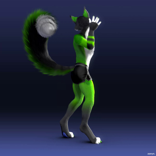 1:1 2016 3d_(artwork) 3d_animation 4_toes 5_fingers animated anthro arms_above_head barefoot biped blinking blue_background blue_hair blue_pawpads blue_tongue bottomwear canid canine claws clothed clothing digital_media_(artwork) digitigrade ear_tuft feet fingers fox fur green_body green_fur hair hi_res kazuya looking_back loop male mammal markings no_sound open_mouth pawpads purple_hair raised_tail short_playtime shorts signature simple_background smile solo standing teeth toes tongue topless tuft turntable_(animation) webm white_body white_fur white_markings yellow_eyes zorryn // 1200x1200, 2.8s // 1.6MB