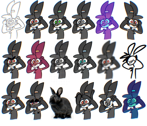 absurd_res anthro band-aid band-aid_on_nose bandage black_body black_fur cheek_tuft chest_tuft facial_tuft fur grey_body grey_fur grin half-closed_eyes hi_res humor lagomorph leporid male mammal multiple_images narrowed_eyes nix_(the_xing1) rabbit simple_background smile solo the_xing1 tuft white_background wide_eyed // 3000x2565 // 884.1KB