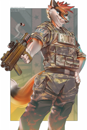 anthro bottomwear canid canine clothed clothing fox fur gun male mammal miles_df pants ranged_weapon shirt smile solo teeth topwear tuft uniform weapon // 633x950 // 552KB