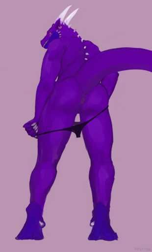 2018 5_fingers anthro anus blue_body blue_skin blush butt claws clothing curved_horn digital_media_(artwork) dradmon dragon ear_piercing fingers hi_res horn looking_back male nude panties piercing presenting presenting_anus purple_background purple_body purple_skin raised_tail rear_view red_eyes ridged_horn saber_(raevocrei) scalie sharp_teeth signature simple_background smile solo spikes standing teeth toe_claws underwear undressing white_horn wingless_dragon // 1240x2050 // 756.9KB