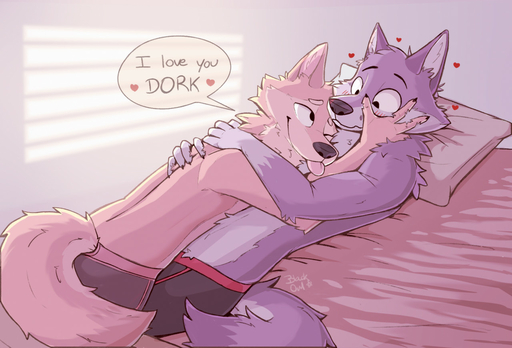 <3 anthro bed blep canid canine canis clothing domestic_dog duo embrace furniture hug lying male malemale mammal owlblack_53 pillow romantic romantic_couple tongue tongue_out underwear // 1280x869 // 185.1KB