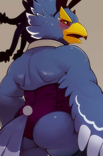 2019 anthro avian beak bird blush breath_of_the_wild bubble_butt butt clothed clothing corset crossdressing feathers green_eyes hi_res korosuke korosuke556 lingerie looking_at_viewer looking_back male muscular muscular_anthro muscular_male nintendo rear_view revali rito simple_background solo standing tail_feathers the_legend_of_zelda topwear video_games // 930x1403 // 102.0KB