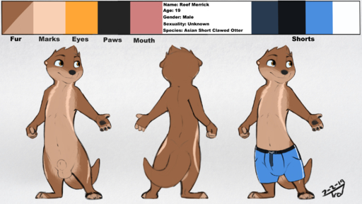 2019 animal_genitalia anthro balls bottomwear brown_body brown_eyes brown_fur clothed clothing english_text fingers fully_sheathed fur genitals hi_res lutrine male mammal model_sheet mustelid nude pants paws reef_(character) sheath simple_background smile solo text trevart // 3000x1688 // 2.5MB