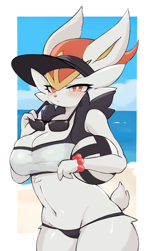 absurd_res anthro blush breasts cinderace cleavage clothed clothing eyewear female generation_8_pokemon hi_res looking_at_viewer medium_breasts pokemon_(species) red_eyes seaside solo sunglasses swimwear thick_thighs video_games white_body yoru_vida // 2224x3639 // 1.9MB