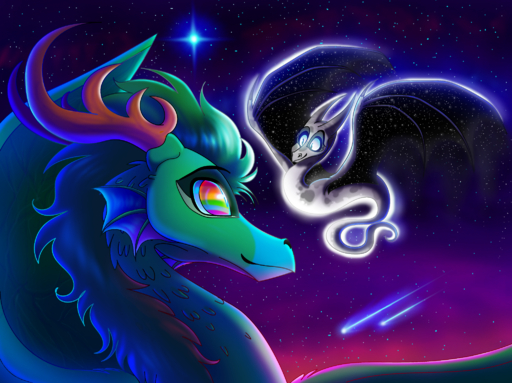 2019 cosmic_background detailed_background digital_media_(artwork) dragon duo earth_(plaguedogs123) eye_contact fur furred_dragon green_hair hair hi_res horn looking_at_another luna_(plaguedogs123) membrane_(anatomy) membranous_wings multicolored_eyes night outside plaguedogs123 rainbow_eyes scales shooting_star sky star starry_sky wings wyvern // 2048x1530 // 3.2MB