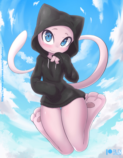 anthro blush bottomless clothed clothing cloud female flying hoodie hoodie_only legendary_pokemon looking_at_viewer mew nintendo pokemon pokemon_(species) rilex_lenov sky solo topwear topwear_only video_games // 801x1025 // 737.0KB