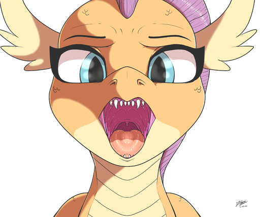 2020 absurd_res ambiguous_gender azerta56 digital_media_(artwork) dragon eyebrows fangs friendship_is_magic front_view hi_res looking_at_viewer mouth_shot my_little_pony scales scalie sharp_teeth signature simple_background smolder_(mlp) solo teeth tongue white_background // 4000x3334 // 1.4MB