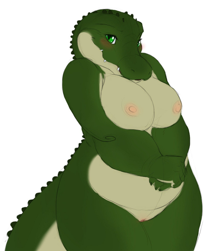 2012 alligator alligatorid anthro big_breasts blush breasts conditional_dnp crocodilian female fgs genitals green_eyes looking_at_viewer nipples non-mammal_breasts nude pussy reptile ridges scalie sefeiren simple_background slightly_chubby solo white_background // 733x881 // 74.8KB