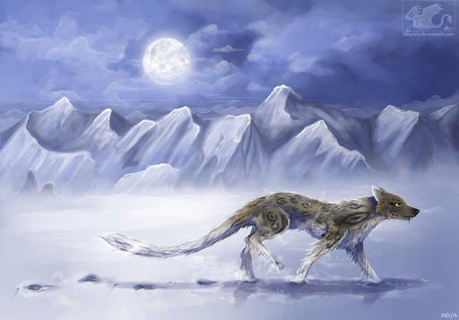 ambiguous_gender bhutan_(randomznez) black_nose brown_body brown_fur canid canine canis detailed_background fangs felid feral fur grey_body grey_fur hi_res hybrid mammal moon neytirix night outside pantherine quadruped sabertooth_(anatomy) sky snow snow_leopard solo standing teeth wolf yellow_eyes // 2070x1442 // 1.1MB