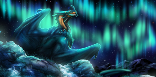2019 ambiguous_gender cool_colors detailed_background digital_media_(artwork) dragon feral grass hi_res horn isvoc membrane_(anatomy) membranous_wings night outside plant rock sky solo spines star starry_sky wings wyvern // 1600x793 // 1.6MB