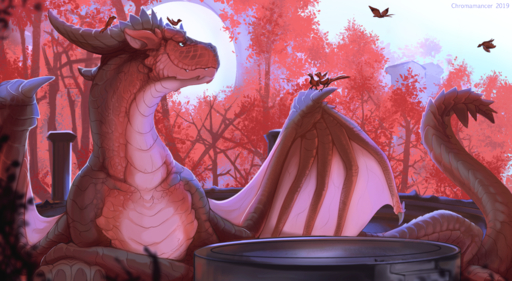 2019 absurd_res avian bird chromamancer claws day detailed_background digital_media_(artwork) dragon feral forest group hi_res horn male membrane_(anatomy) membranous_wings outside plant red_body red_scales red_theme scales scalie size_difference sky smile spines tree western_dragon wings // 3930x2160 // 12.2MB