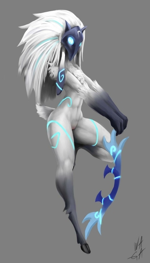 2019 anthro bovid caprine cloven_hooves female full-length_portrait fur genitals gloves_(marking) grey_background hair hi_res hooves kindred_(lol) lamb_(lol) mammal markings mask mask_only nude on_one_leg portrait pussy sheep simple_background solo standing video_games w4g4 white_body white_fur white_hair wool_(fur) // 740x1293 // 44.9KB