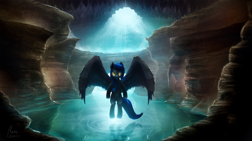 16:9 amazing_background blue_body blue_feathers blue_fur cave detailed_background digital_media_(artwork) digital_painting_(artwork) equid equine fan_character feathered_wings feathers female feral fur hasbro hi_res hooves horse mammal my_little_pony nude pegasus photonoko solo widescreen wings yellow_eyes // 1920x1080 // 1.1MB