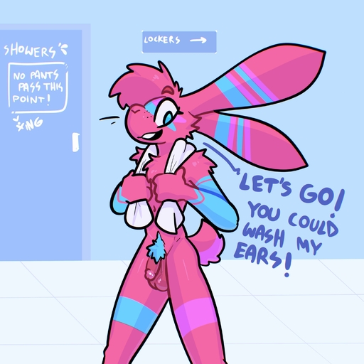 absurd_res anthro balls blue_body blue_eyes blue_fur dialogue english_text fur genitals hi_res lagomorph leporid looking_at_viewer male mammal multicolored_body multicolored_fur nude open_mouth penis pink_body pink_fur pubes rabbit solo talking_to_viewer text the_xing1 // 3000x3000 // 391.0KB