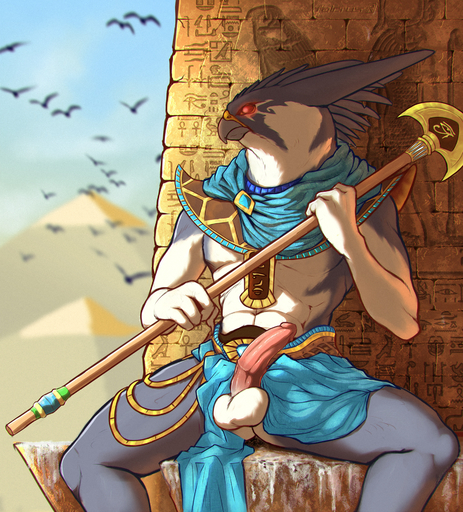 2020 4_fingers abs ambient_bird anthro athletic athletic_anthro athletic_male avian balls beak bird blue_bottomwear blue_clothing blue_topwear blurred_background bottomwear clothed clothing day deity digital_media_(artwork) egyptian egyptian_clothing egyptian_mythology erection exposed falcon falconid falcrus falcrus_(character) fan_axe feathers fierce fingers front_view frown genitals glans glowing glowing_eyes grey_beak grey_body grey_ears grey_feathers grey_skin heiroglyphs hi_res holding_object holding_polearm holding_weapon humanoid_genitalia humanoid_penis looking_aside male medial_ring melee_weapon middle_eastern_mythology multicolored_body multicolored_skin mythology no_underwear outside penis peregrine_falcon pink_penis pinup polearm pose pyramid pyramids red_sclera sitting solo spread_legs spreading topwear tunic two_tone_body two_tone_skin weapon white_balls white_body white_eyes white_skin // 1736x1920 // 3.3MB