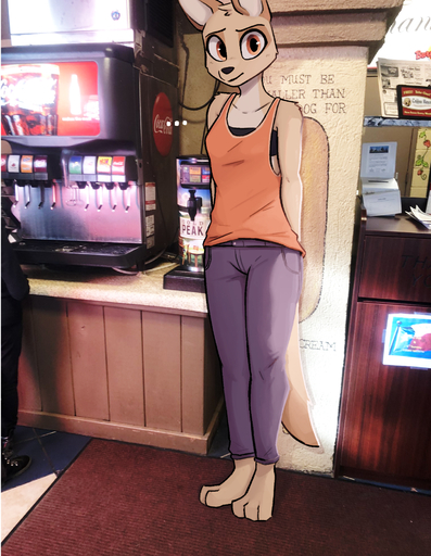 2022 anthro barefoot bottomwear canid clothed clothing detailed_background digital_media_(artwork) enginetrap feet female fully_clothed fur hi_res inside looking_at_viewer mammal meme pants photo_background shirt standing tan_body tan_fur tank_top topwear // 1533x1976 // 3.3MB