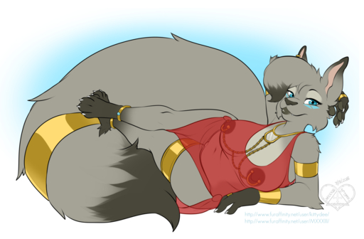2018 anklet anthro areola arm_support armlet big_breasts big_tail bracelet breasts canid canine canis chemise clothing digital_media_(artwork) ear_piercing felid feline female fluffy fluffy_tail hybrid jackal jewelry kittydee long_tail looking_at_viewer lying lynx mammal necklace nightgown nipple_chain nipple_piercing nipples on_side piercing ring side_slit simple_background slightly_chubby smile solo tail_ornament translucent translucent_clothing // 1280x840 // 352.0KB