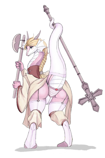 anthro axe blonde_hair blush clothing dragon dress edit etheross fantasy_axe fantasy_weapon female furgonomics garter_straps hair hornstaff legwear lizard long_neck looking_at_viewer looking_back low-angle_view mane melee_weapon prehensile_tail rear_view reptile scales scalie simple_background solo stockings thigh_highs upskirt weapon white_background white_body white_scales // 534x802 // 185.1KB