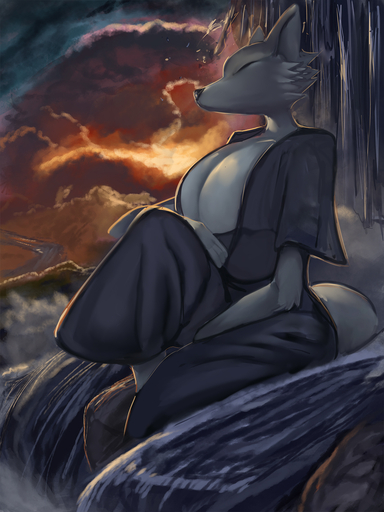 anthro asian_clothing big_breasts black_nose breasts canid canine clothing cloud digital_media_(artwork) east_asian_clothing eyes_closed female fox fur general-irrelevant grey_body grey_fur hi_res huge_breasts mammal outside rock side_view sitting solo sunset water waterfall // 1080x1440 // 672.1KB