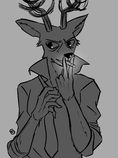 2019 absurd_res anthro antlers beastars capaoculta cervid cervine cigarette clothed clothing digital_media_(artwork) front_view grey_background greyscale half-length_portrait hi_res horn humanoid_hands louis_(beastars) male mammal monochrome necktie portrait red_deer simple_background smoking solo // 2048x2732 // 317.1KB