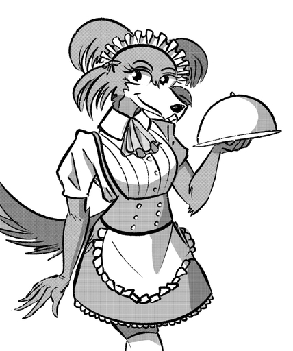 2019 absurd_res anthro apron beastars canid canine canis capaoculta clothing digital_media_(artwork) female front_view greyscale hi_res juno_(beastars) looking_at_viewer maid_headdress maid_uniform mammal monochrome portrait screentone simple_background smile solo standing three-quarter_portrait uniform white_background wolf // 2048x2450 // 792.1KB