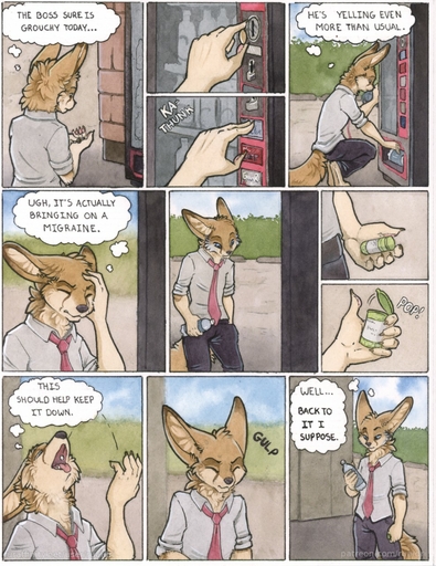 2019 5_fingers anthro barefoot big_ears biped brown_body brown_fur canid canine cheek_tuft clothed clothing cloud comic day detailed_background digitigrade drugs english_text eyes_closed facial_tuft feet fennec fingers fox fully_clothed fur hair hand_in_pocket hand_on_head hi_res holding_object kyle_(ruaidri) male mammal neck_tuft necktie open_mouth pain pills plant pockets red_necktie ruaidri sky solo sound_effects teeth text throwing tongue tongue_out tuft vending_machine vulpes // 988x1280 // 370.0KB