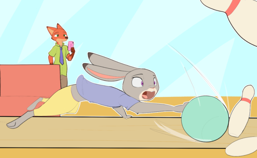 2020 absurd_res anthro barefoot bottomwear bowling bowling_alley bowling_ball bowling_pin buckteeth canid canine cellphone clothed clothing detailed_background dipstick_ears duo feet fox fully_clothed fur gloves_(marking) grey_body grey_fur hi_res holding_cellphone holding_object holding_phone inside judy_hopps lagomorph leporid mammal markings motion_lines multicolored_ears necktie nick_wilde open_mouth orange_body orange_fur pants phone purple_eyes rabbit recording red_fox shirt smile standing t-shirt teeth tongue topwear vulpes zhanbow // 3768x2316 // 891.1KB