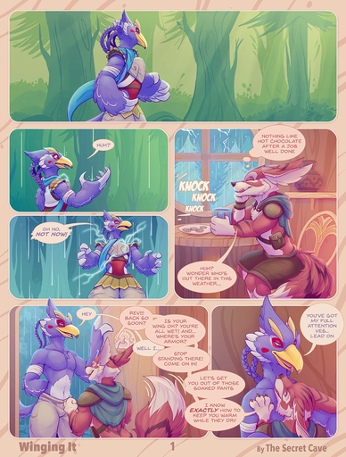 anthro armor avian bottomwear canid canine clothed clothing comic english_text fan_character fur hi_res male mammal raining revali rito shorts text thesecretcave tongue tongue_out video_games vulpera // 971x1280 // 1.4MB