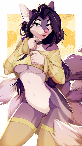 2017 5_fingers anthro bottomless breasts canid canine clothed clothing ear_piercing fae_(snowweaver) featureless_crotch female fingers fox hair inner_ear_fluff junebuq long_hair mammal multi_tail navel piercing pink_nose smile solo tuft under_boob wide_hips // 567x1000 // 555.5KB