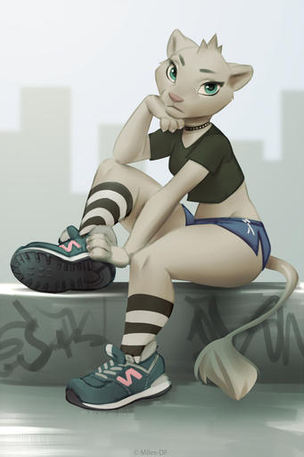 2019 2:3 anthro choker clothed clothing dolphin_shorts father_of_the_pride felid female footwear fully_clothed fur green_eyes grey_body grey_fur jewelry legwear lion looking_at_viewer mammal midriff miles_df necklace pantherine pattern_clothing pattern_footwear pattern_legwear pattern_socks shoes sierra_(father_of_the_pride) sneakers socks solo striped_clothing striped_footwear striped_legwear striped_socks stripes // 600x900 // 316.9KB