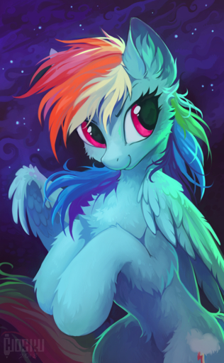 2018 blue_body blue_feathers blue_fur chest_tuft cutie_mark digital_media_(artwork) equid equine eyelashes feathered_wings feathers female feral fur hair hi_res hioshiru hooves horse inner_ear_fluff mammal multicolored_hair multicolored_tail pegasus pink_eyes rainbow_dash_(mlp) rainbow_hair rainbow_tail smile solo tuft wings // 791x1280 // 1.0MB