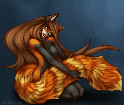 2013 abstract_background ailurid anthro biped black_body black_fur blue_eyes breasts brown_hair featureless_breasts female fluffy fluffy_tail fur hair kneeling long_hair looking_at_viewer mammal nude orange_body orange_fur red_panda simple_background smile solo vexstacy yellow_body yellow_fur // 1280x1089 // 124.3KB