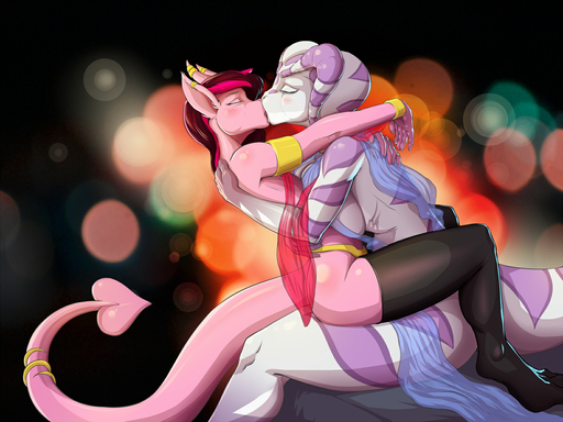 4:3 abstract_background anthro asperiss blush breast_squish breasts breasts_frottage clothed clothing cloudy dragon duo ear_piercing eyes_closed female femalefemale french_kissing hi_res horn_ring kissing legwear on_lap piercing racoe reptile scalie side_boob sitting skimpy snake spade_tail squish stockings stripes thigh_highs translucent translucent_clothing // 1600x1200 // 782.3KB