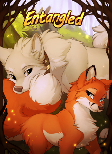 bite blue_eyes canid canine canis cheek_tuft chest_tuft countershading cover cover_art cover_page day detailed_background digital_media_(artwork) dipstick_ears dipstick_tail domestic_dog duo english_text eyelashes facial_tuft female feral fluffy fluffy_tail forest fox fur grass green_eyes hi_res hioshiru inner_ear_fluff male mammal markings multicolored_ears multicolored_tail orange_body orange_fur outside plant sky smile tail_bite tail_in_mouth tail_markings tan_body tan_fur text tree tuft white_body white_countershading white_fur // 934x1280 // 1.4MB