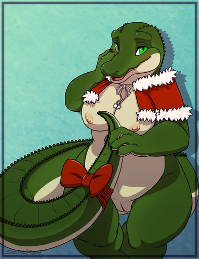 2012 alligator alligatorid anthro biped blush breasts conditional_dnp crocodilian female fgs genitals green_eyes hi_res holding_tail lizard looking_at_viewer nipples non-mammal_breasts nude pussy reptile ribbons scalie sefeiren shawl shy sitting slightly_chubby solo tongue // 982x1280 // 319.8KB