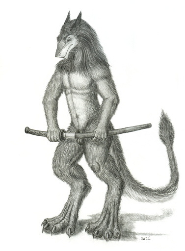 2021 4_toes 5_fingers animal_genitalia anthro balls black_and_white claws digitigrade feet fingers flaccid fluffy fluffy_tail fully_sheathed fur genitals graphite_(artwork) hi_res katana male mane melee_weapon monochrome navel nude pencil_(artwork) penis scalywanderer sergal sheath signature simple_background solo sword tail_tuft toes traditional_media_(artwork) tuft unsheathing weapon white_background // 1763x2396 // 4.4MB
